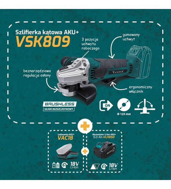 Szlifierka kątowa 125mm AKU+ 18V 5ah BAT+ŁADOWARKA