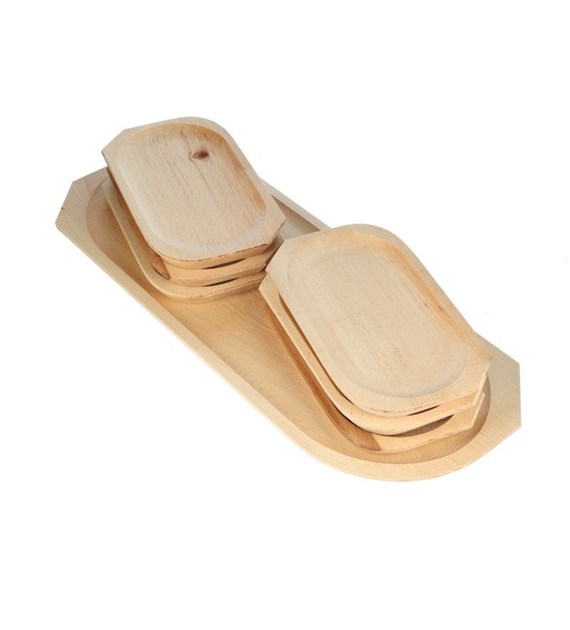 Naczynia drewniane na grilla taca + talerze 1+6