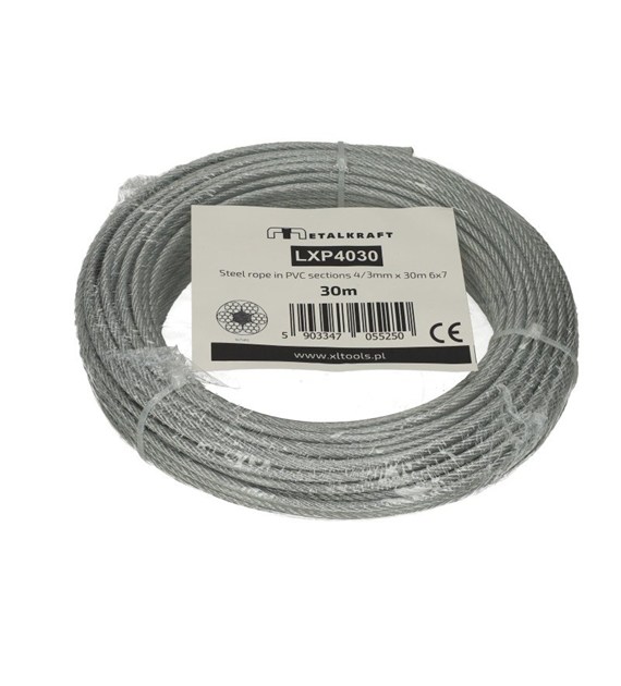Lina stalowa w PCV odcinki 4/3mm x 30m 6x7