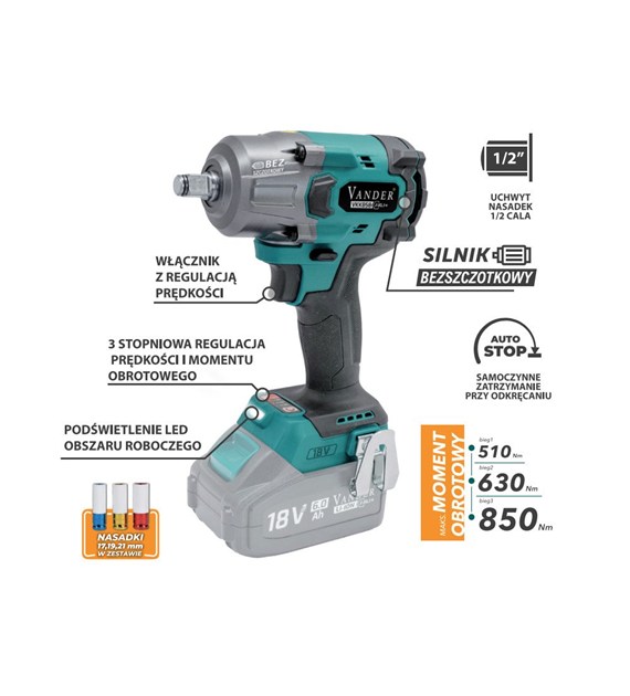 Klucz udarowy 18V VANDER + kpl 3 nasadek 1/2' AKU+